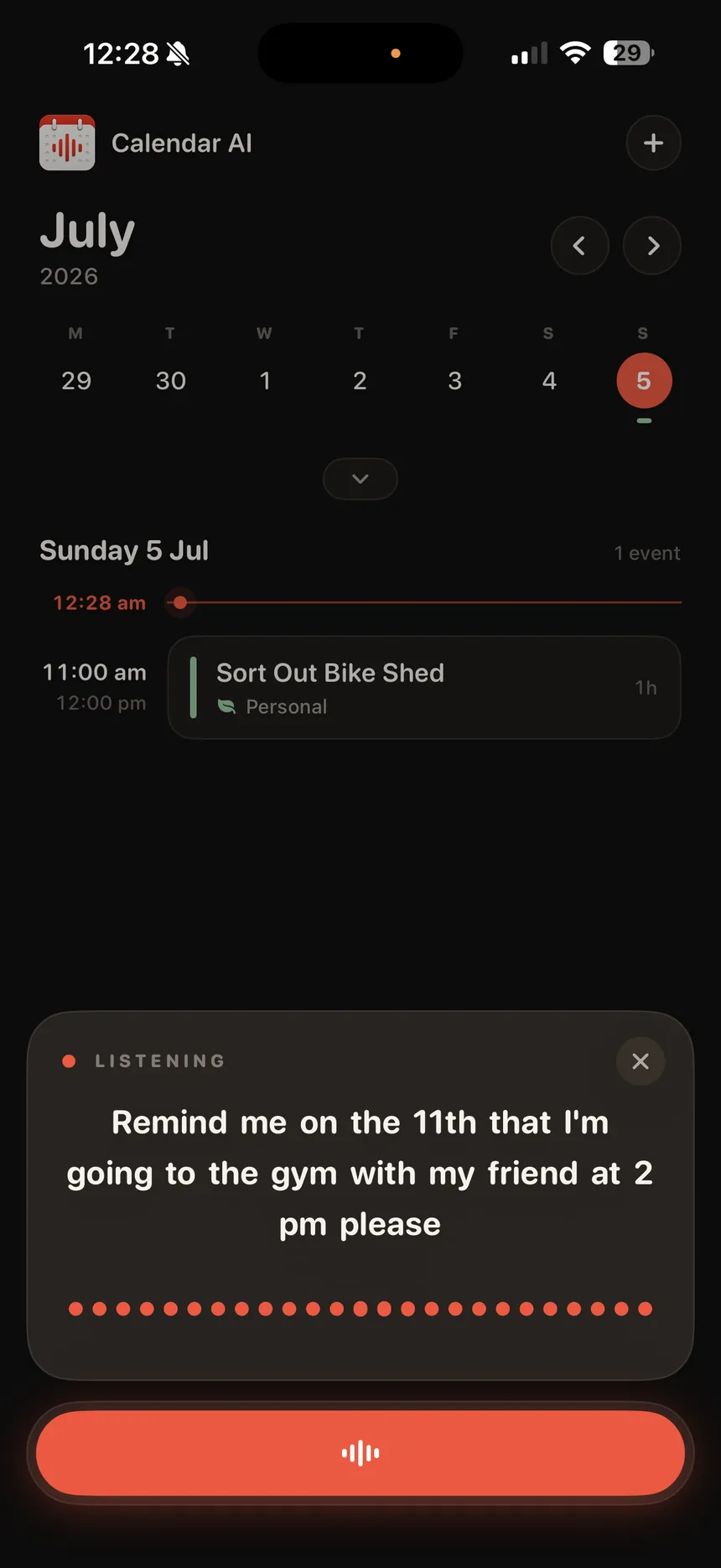 Calendar AI listening while the user says: Remind me on the 11th that I'm going to the gym with my friend at 2pm