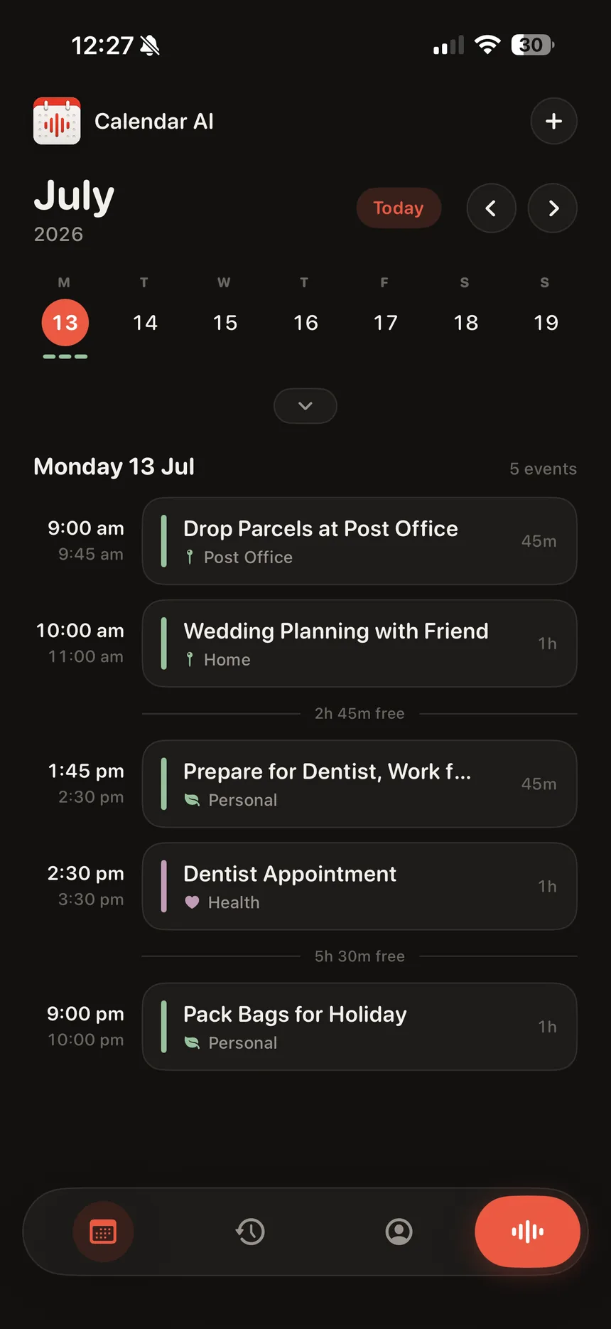 Calendar AI week view with the day's timeline and free-time gaps